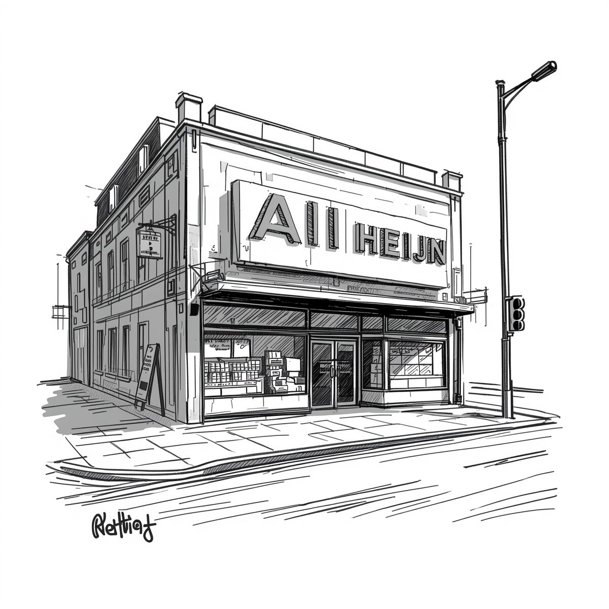 Getekende gevel van AI Heijn