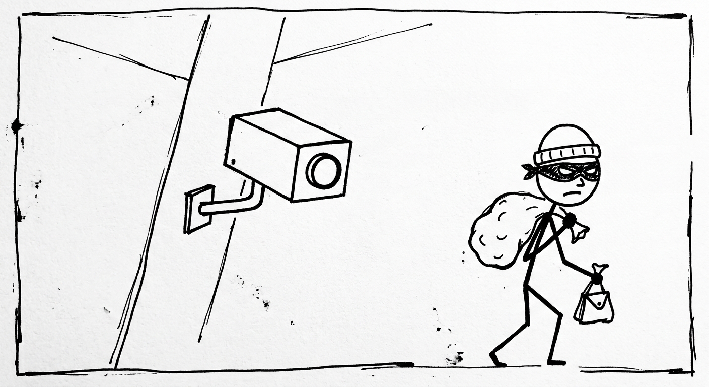 Tekening van een beveiligingscamera die een vermeende winkeldief volgt